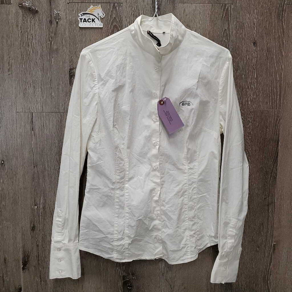 LS Show Shirt, snap collar *gc, dingy, v.crinkled, seam puckers, torn tab, older