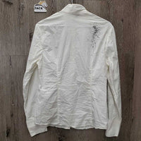 LS Show Shirt, snap collar *gc, dingy, v.crinkled, seam puckers, torn tab, older
