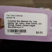 Crochet Ear Bonnet Fly Veil, piping *gc, hairy, inner stains, cut String, faded, curled edges