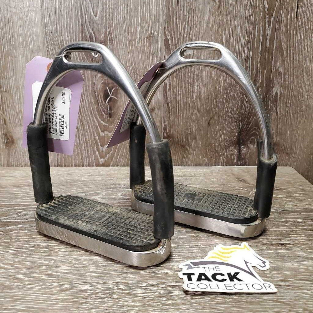 Hvy Flexi Stirrup Irons, grips *gc/fair, squeaky, torn rubber, clean & mnr dirt/residue, scratches, stains
