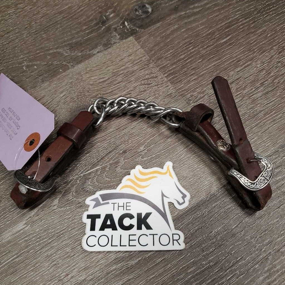 Leather & Chain Curb - Chin Strap, Tooled Buckles *gc, clean, mnr twist, dents, stains, MISSING screws