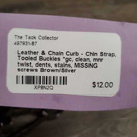 Leather & Chain Curb - Chin Strap, Tooled Buckles *gc, clean, mnr twist, dents, stains, MISSING screws