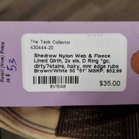 Nylon Web & Fleece Lined Girth, 2x els, D Ring *gc, dirty?stains, hairy, mnr edge rubs

