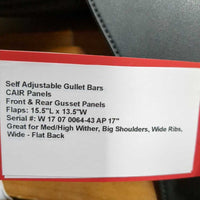 17" Adj *Red - Wide In, Wintec 500 A/P Saddle, 2x Front Velcro Blocks, 4x Billet Guards, COMPLETE Easy Gullet Change System, CAIR Panels, Front & Rear Gusset Panels, Flaps: 15.5"L x 13.5"W Serial #: W 17 07 0064-43 AP 17"
