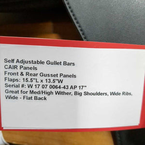 17" Adj *Red - Wide In, Wintec 500 A/P Saddle, 2x Front Velcro Blocks, 4x Billet Guards, COMPLETE Easy Gullet Change System, CAIR Panels, Front & Rear Gusset Panels, Flaps: 15.5"L x 13.5"W Serial #: W 17 07 0064-43 AP 17"