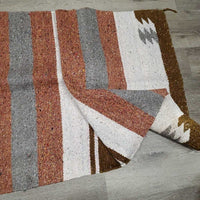 Woven Saddle Blanket, leather guards *vgc, clean, hair, snags, pills, rubs, undone stitch, faded
