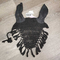 Long Crochet Ear Bonnet Fly Veil, string, fringe *vgc, older, mnr hair, inner dirt & fading