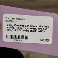 Long Crochet Ear Bonnet Fly Veil, string, fringe *vgc, older, mnr hair, inner dirt & fading