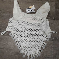 Hvy Crochet Ear Bonnet Fly Veil, short tassle fringe *vgc, clean, older, stains/discolored spots
