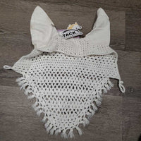 Hvy Crochet Ear Bonnet Fly Veil, short tassle fringe *vgc, clean, older, stains/discolored spots
