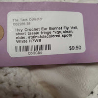 Hvy Crochet Ear Bonnet Fly Veil, short tassle fringe *vgc, clean, older, stains/discolored spots