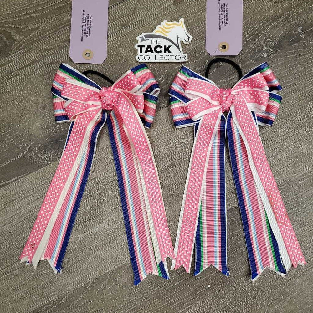 Long Ribbon Hair Bows, elastics *vgc, mnr frayed ends & stains