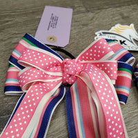 Long Ribbon Hair Bows, elastics *vgc, mnr frayed ends & stains
