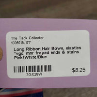 Long Ribbon Hair Bows, elastics *vgc, mnr frayed ends & stains
