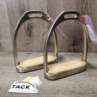 Hvy Flat edges Stirrup Irons, grips *gc, dirty, pitted, stains, scratches, v.dry grips
