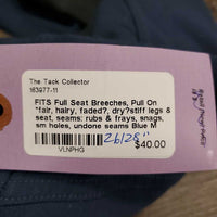 Full Seat Breeches, Pull On *fair, hairy, faded?, dry?stiff legs & seat, seams: rubs & frays, snags, sm holes, undone seams
