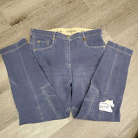 Euro Seat Denim Breeches *gc, older?, seam puckers, mnr loose thread, pulled seat seam, faded