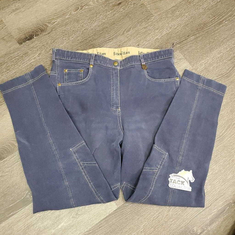 Euro Seat Denim Breeches *gc, older?, seam puckers, mnr loose thread, pulled seat seam, faded