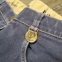 Euro Seat Denim Breeches *gc, older?, seam puckers, mnr loose thread, pulled seat seam, faded