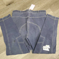 Euro Seat Denim Breeches *gc, older?, seam puckers, mnr loose thread, pulled seat seam, faded