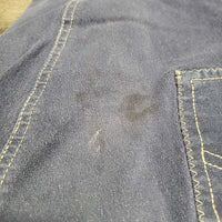 Euro Seat Denim Breeches *gc, older?, seam puckers, mnr loose thread, pulled seat seam, faded