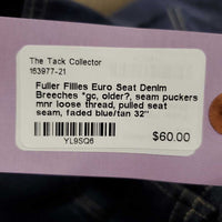 Euro Seat Denim Breeches *gc, older?, seam puckers, mnr loose thread, pulled seat seam, faded