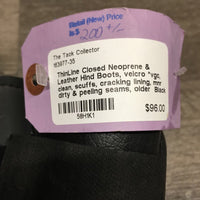 Closed Neoprene & Leather Hind Boots, velcro *vgc, clean, scuffs, cracking lining, mnr dirty & peeling seams, older
