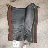 v.Thick Leather Half Chaps, Back Zips & velcro *gc, older, velcro: v.loose & hairy, v.creased & puckered