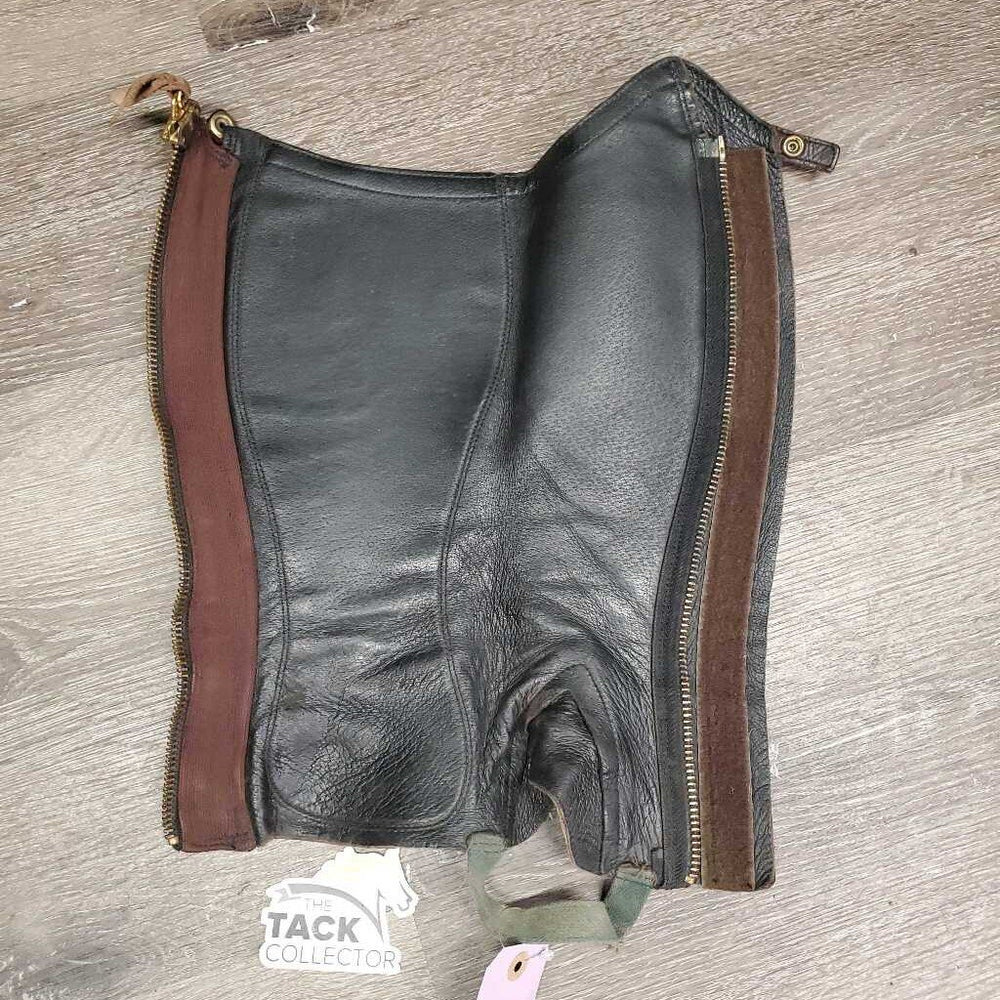v.Thick Leather Half Chaps, Back Zips & velcro *gc, older, velcro: v.loose & hairy, v.creased & puckered