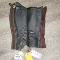 v.Thick Leather Half Chaps, Back Zips & velcro *gc, older, velcro: v.loose & hairy, v.creased & puckered