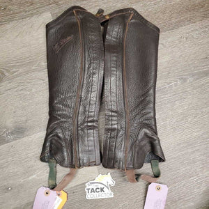 v.Thick Leather Half Chaps, Back Zips & velcro *gc, older, velcro: v.loose & hairy, v.creased & puckered