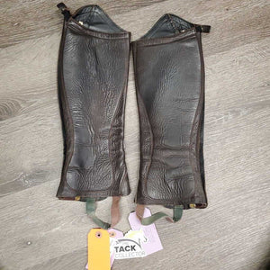 v.Thick Leather Half Chaps, Back Zips & velcro *gc, older, velcro: v.loose & hairy, v.creased & puckered