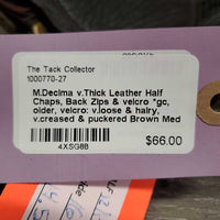 v.Thick Leather Half Chaps, Back Zips & velcro *gc, older, velcro: v.loose & hairy, v.creased & puckered

