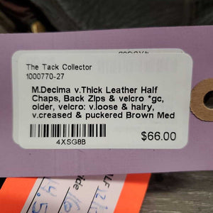 v.Thick Leather Half Chaps, Back Zips & velcro *gc, older, velcro: v.loose & hairy, v.creased & puckered