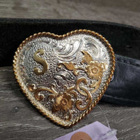 Tooled Leather Western Belt, Heart Belt Buckle *gc, mnr dents & scratches, Buckle back: v.stained
