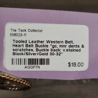 Tooled Leather Western Belt, Heart Belt Buckle *gc, mnr dents & scratches, Buckle back: v.stained
