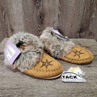 Leather Moccassins, Fleece Trim, Light rubber soles *gc, clean, mnr stains, thin fur, loose sole stitching
