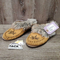 Leather Moccassins, Fleece Trim, Light rubber soles *gc, clean, mnr stains, thin fur, loose sole stitching
