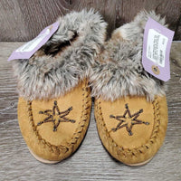 Leather Moccassins, Fleece Trim, Light rubber soles *gc, clean, mnr stains, thin fur, loose sole stitching
