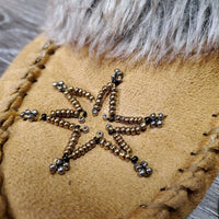 Leather Moccassins, Fleece Trim, Light rubber soles *gc, clean, mnr stains, thin fur, loose sole stitching
