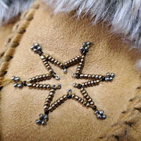 Leather Moccassins, Fleece Trim, Light rubber soles *gc, clean, mnr stains, thin fur, loose sole stitching