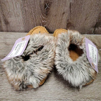 Leather Moccassins, Fleece Trim, Light rubber soles *gc, clean, mnr stains, thin fur, loose sole stitching
