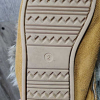 Leather Moccassins, Fleece Trim, Light rubber soles *gc, clean, mnr stains, thin fur, loose sole stitching