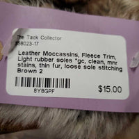 Leather Moccassins, Fleece Trim, Light rubber soles *gc, clean, mnr stains, thin fur, loose sole stitching
