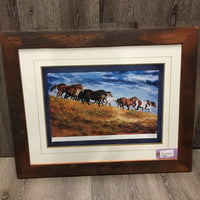 "All Down Hill" Running Horses Print by van Ginkel, Matted, Barn Wood Frame *vgc, dusty, rough cut mat
