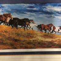 "All Down Hill" Running Horses Print by van Ginkel, Matted, Barn Wood Frame *vgc, dusty, rough cut mat
