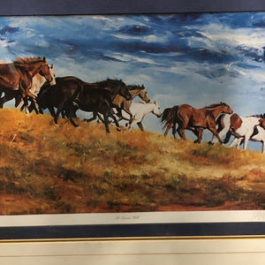 "All Down Hill" Running Horses Print by van Ginkel, Matted, Barn Wood Frame *vgc, dusty, rough cut mat
