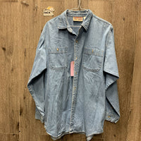 "Fine Line Classic Denim" MENS LS Denim Western Shirt *gc, puckers, faded edges
