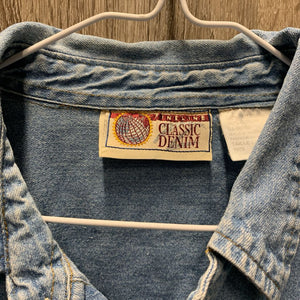 "Fine Line Classic Denim" MENS LS Denim Western Shirt *gc, puckers, faded edges