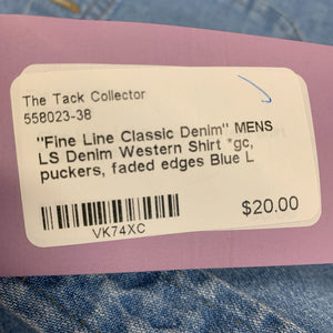 "Fine Line Classic Denim" MENS LS Denim Western Shirt *gc, puckers, faded edges